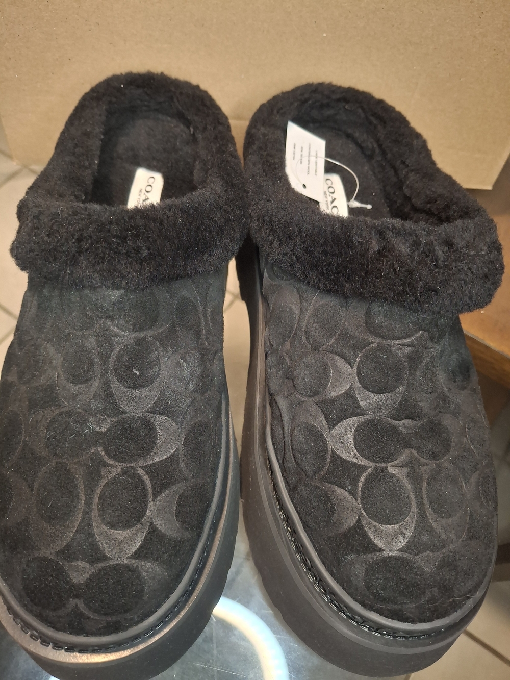 Coach Black Signature Suede Slip-On Slippers with Shearling Trim - Picture 5 of 6